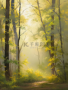 清晨的阳光透过茂密森林水彩画2
