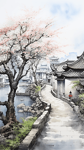 池水插画图片_彩墨园林景观园林风景