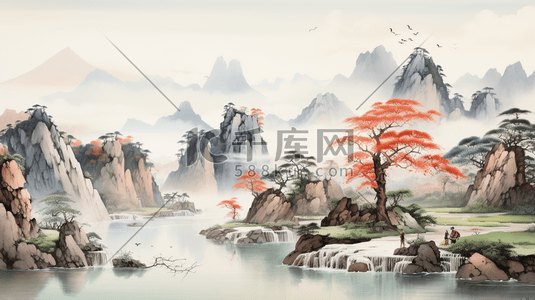 齐白石蚕插画图片_齐白石绘画风格山水画中国风秋天山水