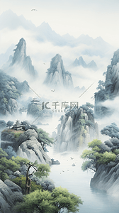 新中式茶空间插画图片_中国风山水画中式彩墨水墨山水画