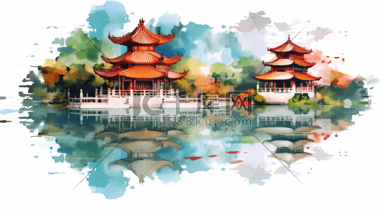 桌面壁纸插画图片_公园风景中国风水彩画中式花园