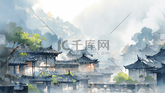 建美丽家园插画图片_美丽的山城山村小镇