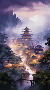 水粉画中式建筑山村风景国风游戏场景