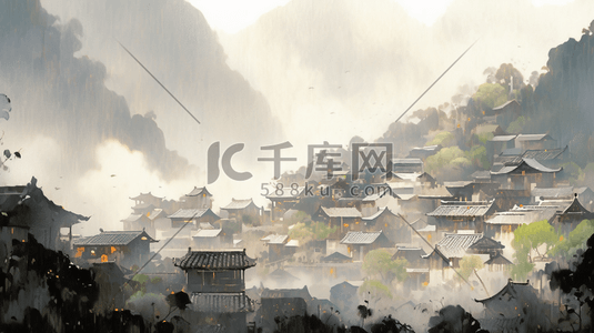 风景中式插画图片_水彩风中式建筑美丽的山村小镇