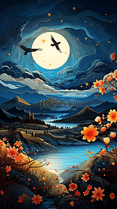 云朵剪纸插画图片_剪纸明月和星空的浪漫美景