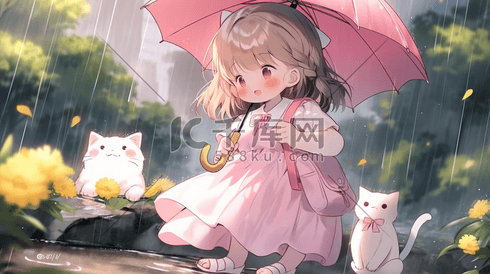 可爱的撑着伞的小女孩和小猫