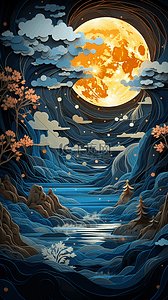 云朵剪纸插画图片_剪纸风月亮和星空的浪漫美景