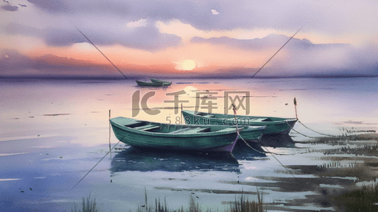 请勿停泊插画图片_夏天夕阳下宁静的海湾里的船只