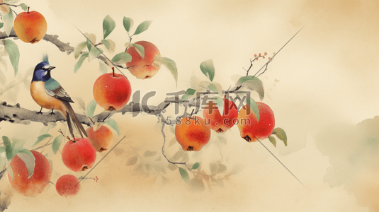 唯美柿子树枝头的小鸟水彩插画9