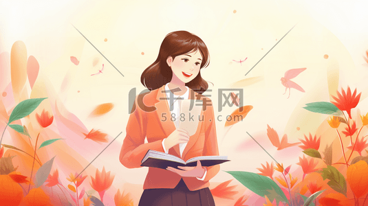 唯美教师节插画图片_彩色唯美花朵拿着书籍的女老师教师节插画1