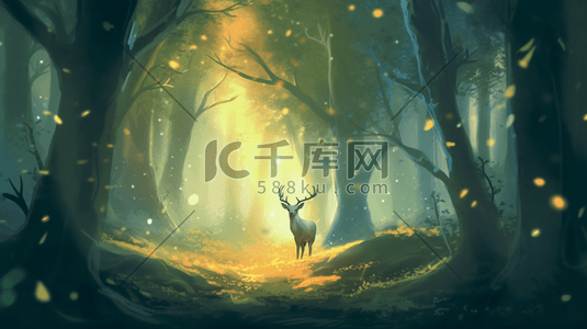 动物唯美意境插画图片_唯美梦幻森林中的麋鹿插画5