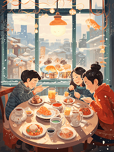 美食冒气插画图片_餐桌上的美食冬至节气卡通插画9