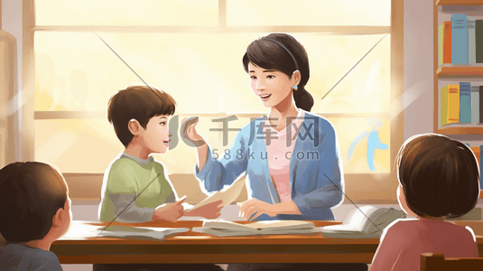 女老师卡通插画图片_教孩子们学习的女老师教师节插画14