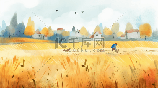 农作物丰收插画图片_乡间金色麦田丰收的季节芒种节气插画6