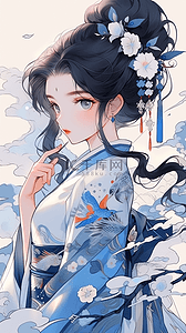 古装风美女插画图片_多巴胺青花瓷古风美女