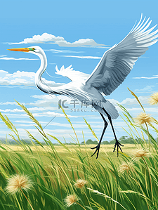 唯美草丛中飞翔的白鹭鸟白露节气插画11