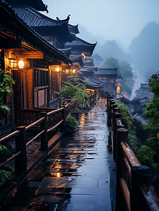 美丽的背景插画图片_中国美丽的山城山里的村镇