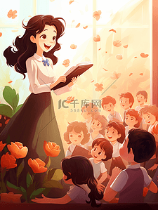 女插画图片_彩色唯美讲台上讲课的女老师教师节插画10