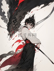 黑色白色红色插画图片_水墨风的持剑少女