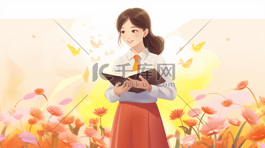 唯美教师节插画图片_彩色唯美花朵拿着书籍的女老师教师节插画2