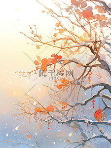 中国结插画图片_中国节气冬天雪花柿子结霜霜降插画16