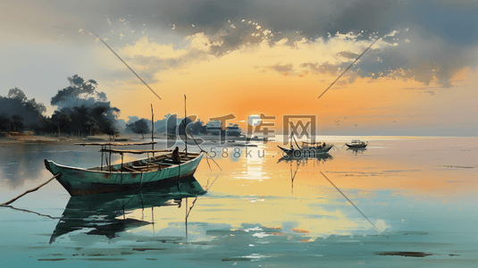 水彩画夏天插画图片_水彩画夏天夕阳下宁静的海湾里的船只