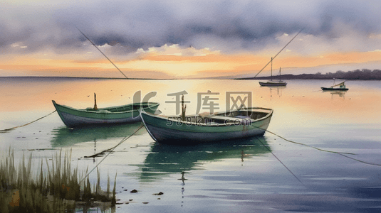 爱之港湾插画图片_水彩画夕阳下宁静的海湾里的船只