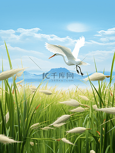 唯美草丛中飞翔的白鹭鸟白露节气插画6