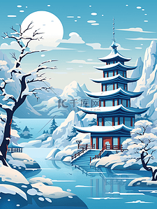 中国风唯美古建筑亭台楼阁雪景插画1