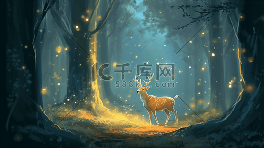 动物唯美意境插画图片_唯美梦幻森林中的麋鹿插画8