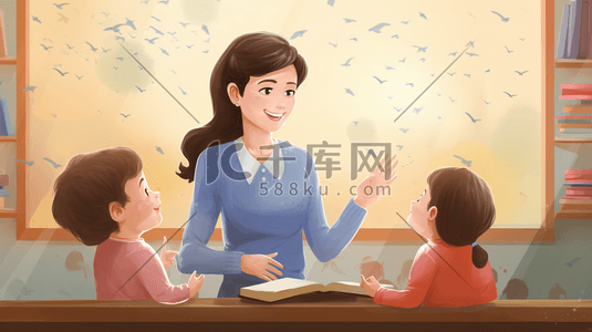 卡通老师学生插画图片_教孩子们学习的女老师教师节插画3