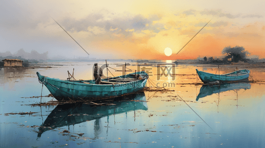 船只插画图片_夕阳下宁静的海湾里的船只