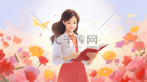 彩色花朵拿着书籍的女老师教师节插画11
