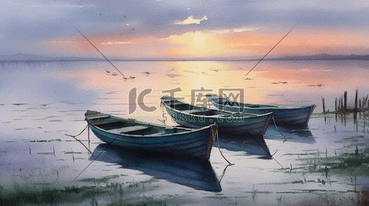 请勿停泊插画图片_夕阳下宁静的夏天海湾里的船只