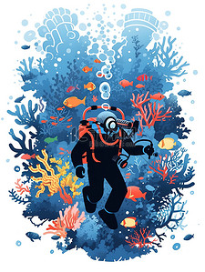 勇敢的心插画图片_一名潜水员勇敢地潜入海底6