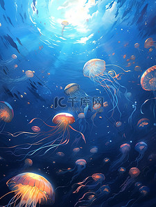 蓝色大海海底插画图片_水下世界彩色水母的海洋2