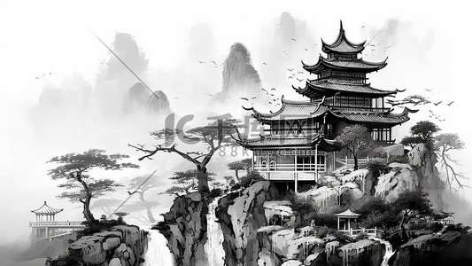 中国风古建插画图片_黑白大气中国风山水古建古风背景
