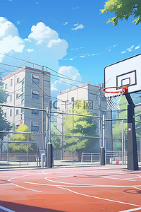 校园篮球场唯美动漫手绘插画背景