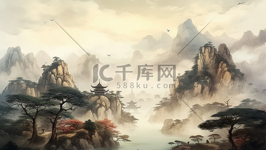 古画纹理插画图片_中国风山水水彩古画大气古风背景