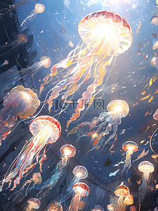蓝色大海海底插画图片_水下世界彩色水母的海洋11