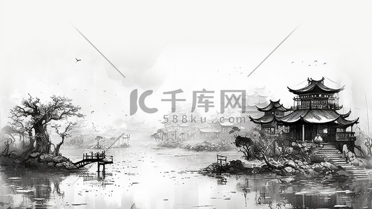 黑白火柴人插画图片_黑白大气中国风山水泼墨古风背景