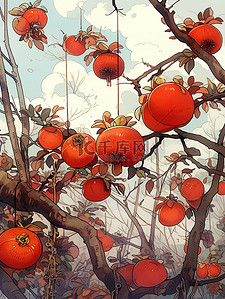 秋天的水果插画图片_秋天丰收成熟的柿子3