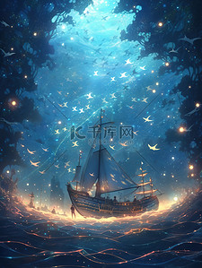 古老神秘插画图片_海底星空下的秘密旅行场景插画12