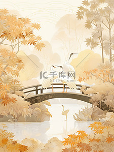古老的楼插画图片_白露节气古老拱桥秋色的树木白鹭14