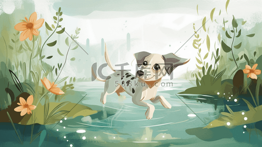 狗狗卡通插画图片_可爱的狗狗在池塘玩耍