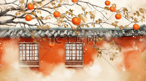 墙头外的柿子树霜降节气插画13