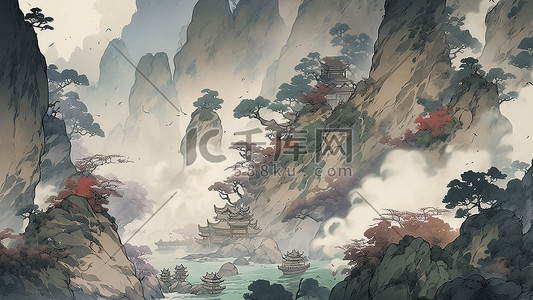 中国风山水复古插画图片_复古中国风山水水彩泼墨古风背景