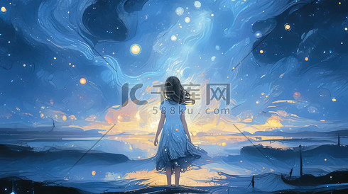 一个女孩梦幻星辰大海插画10