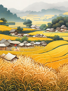 丰收的稻田插画图片_金黄色的稻田丰收白露节气11