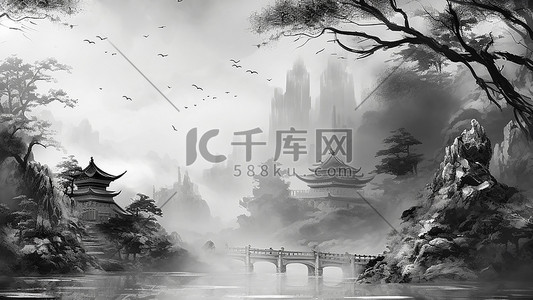 黑白插画图片_黑白中国风山水古建古风背景